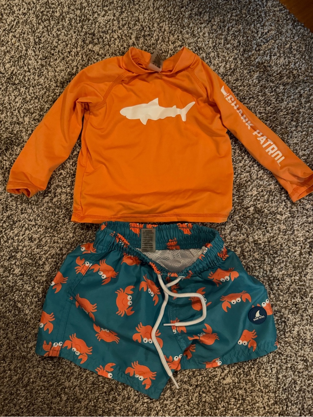 Boys 12mos Orange Long-Sleeve Rash Guard with Teal Crab trunks - Shark Patrol